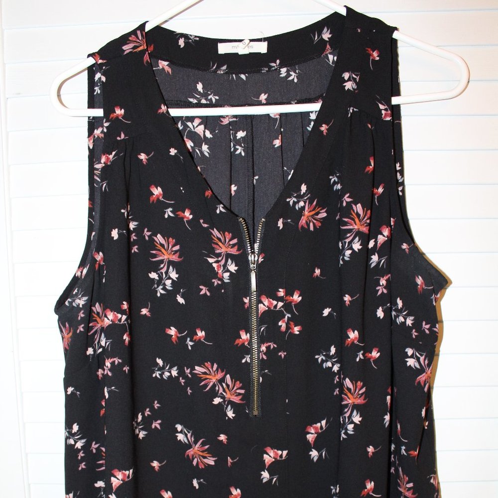 Maurices Black and Floral Sleeveless Blouse with Zippered Neckline
